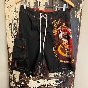 Captain Morgan Swim Trunks Mens 30 Black Orange Graphic Print Board Shrots Cargo